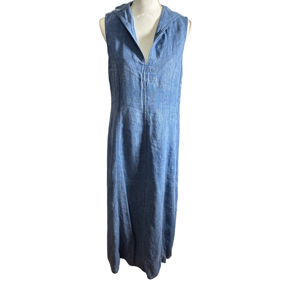Dana B Karen Linen Maxi Dress Womens 16 Blue Sailor Collar Side Button